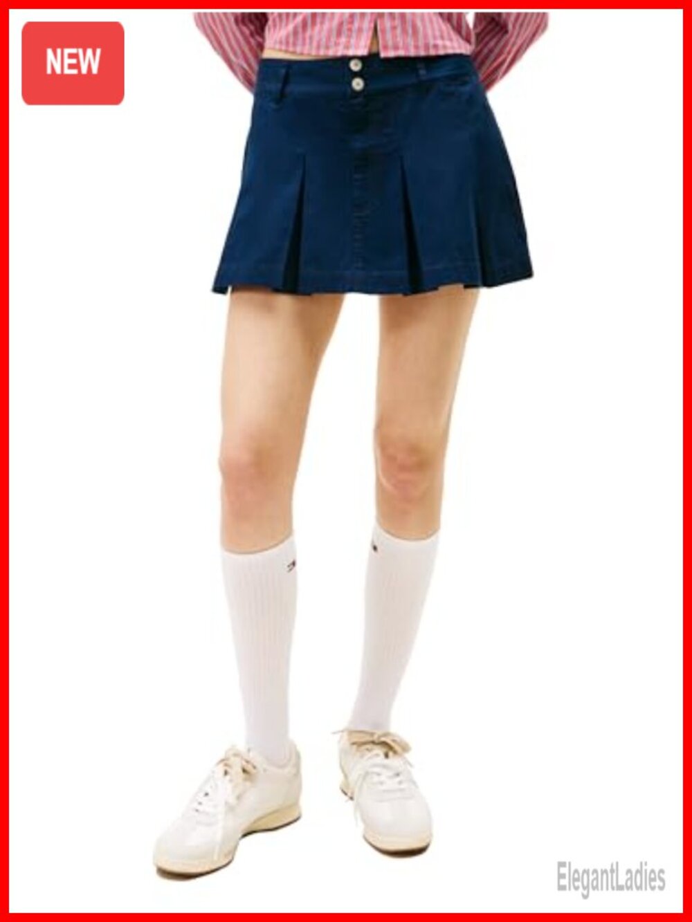 Pleated Mini Skirt with Embroidered Flag Logo 100% Cotton High Rise